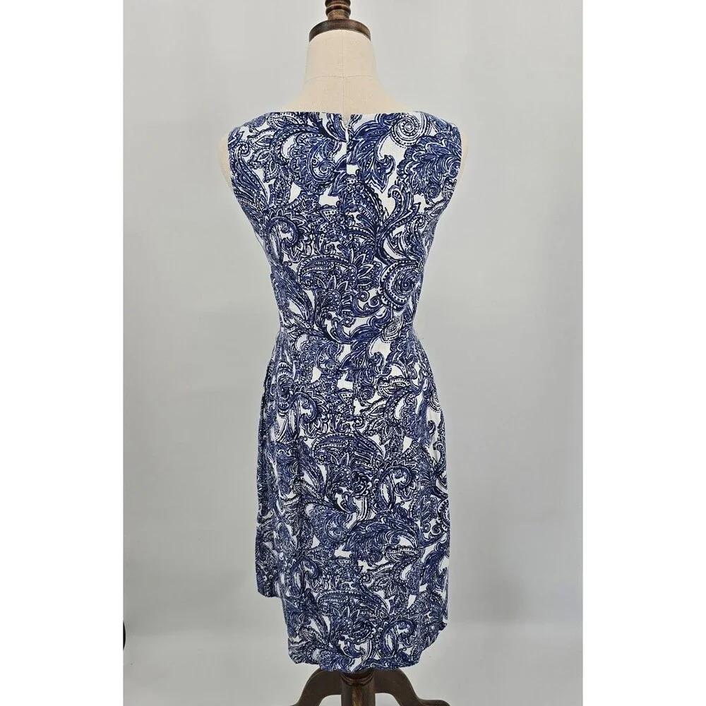 Anne Klein A line Dress Women's 6 White Blue Paisley Print Linen Blend Pockets - Picture 3 of 7